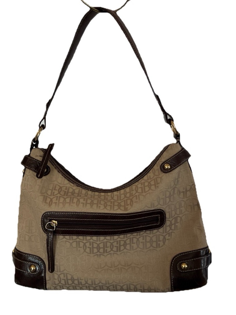 Giani Bernini-Neutral Taupe Shoulder Bag with Dark Brown Trim logo pattern 13x9”